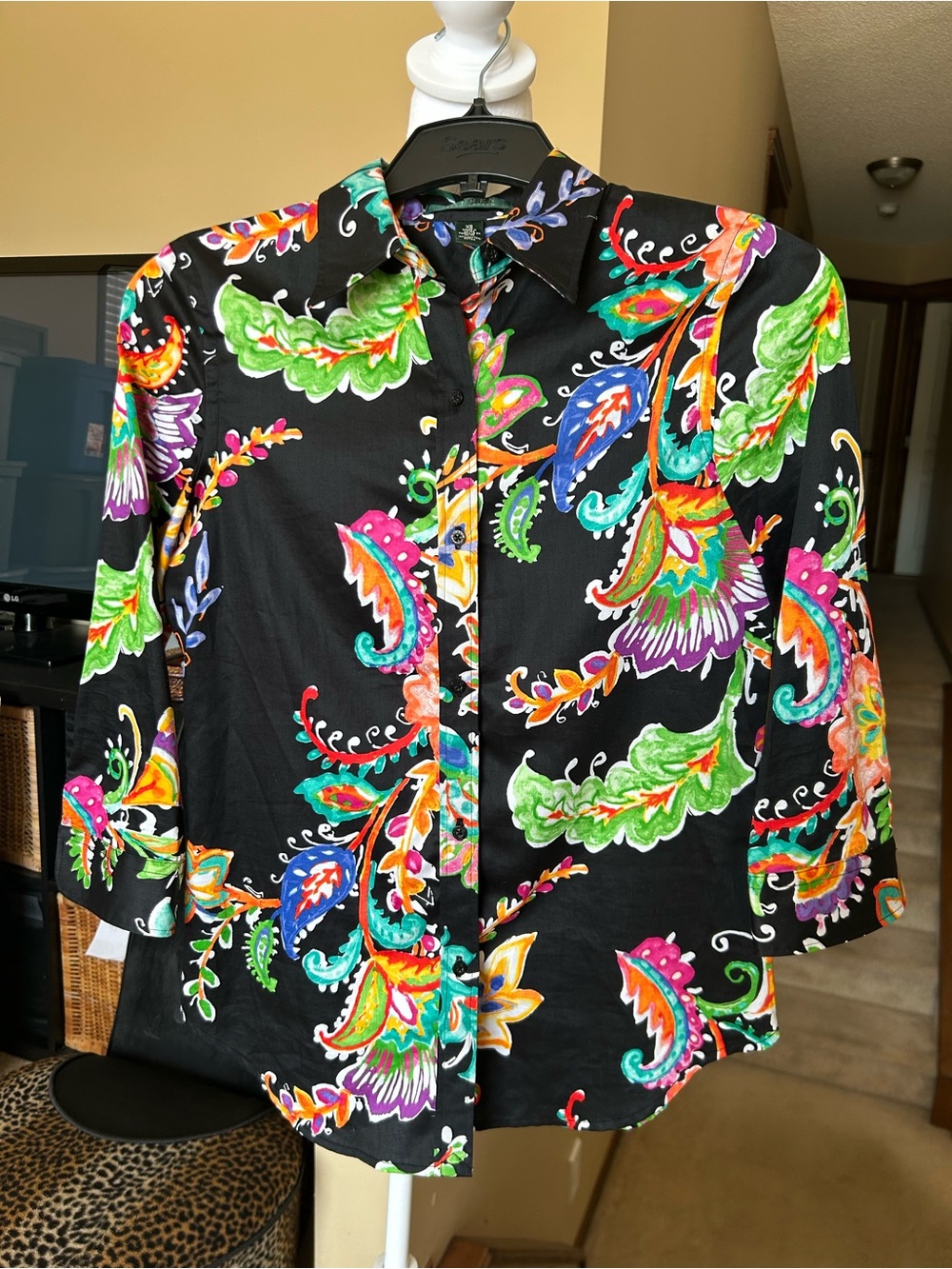 Ralph Lauren Black Button-Down 3/4 sleeve 100% Cotton Bright Paisley Print